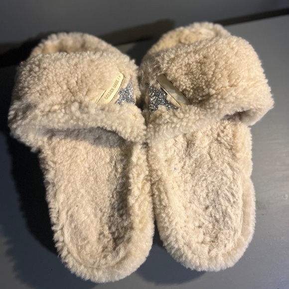 Golden Goose Shearling Slides Pool Star 42 Cream with Silver Glitter Star - Picture 4 of 8